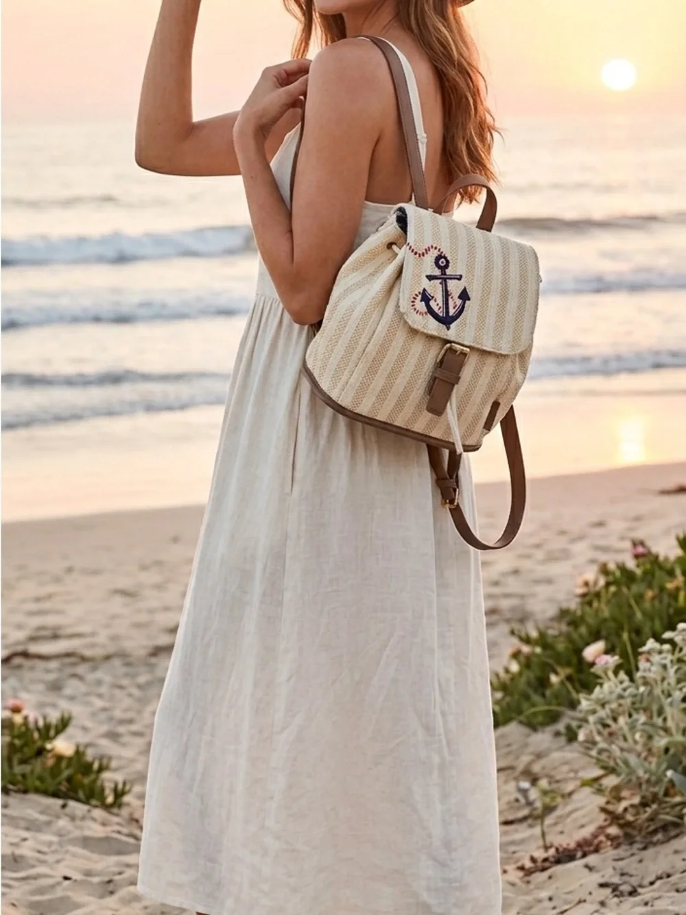 Vera Bradley NWT Straw Mini Backpack Anchors Aweigh Nautical Woven Drawstring